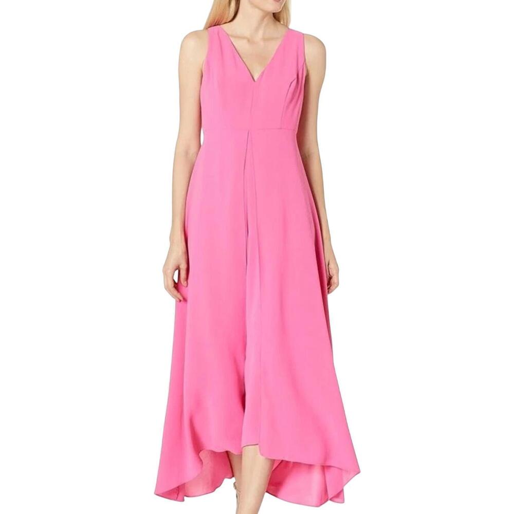 NEW ADRIANNA PAPELL tonal overlay jumpsuit midi dress in fiesta pink